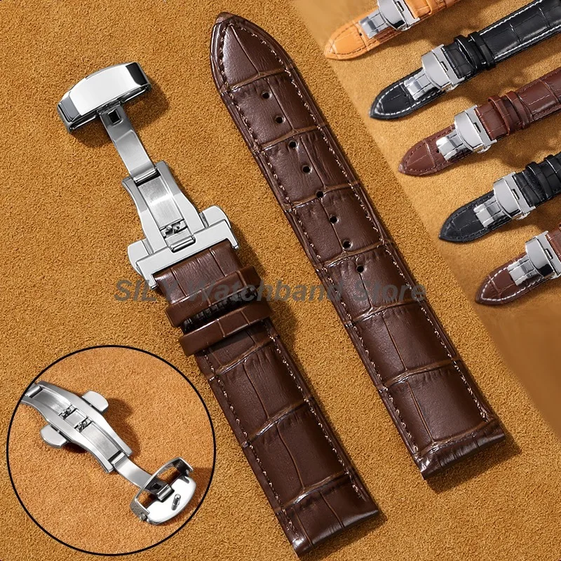 Elegant Leather Cowhide Watch Band with Butterfly Buckle - Business Bracelet Wristbelt