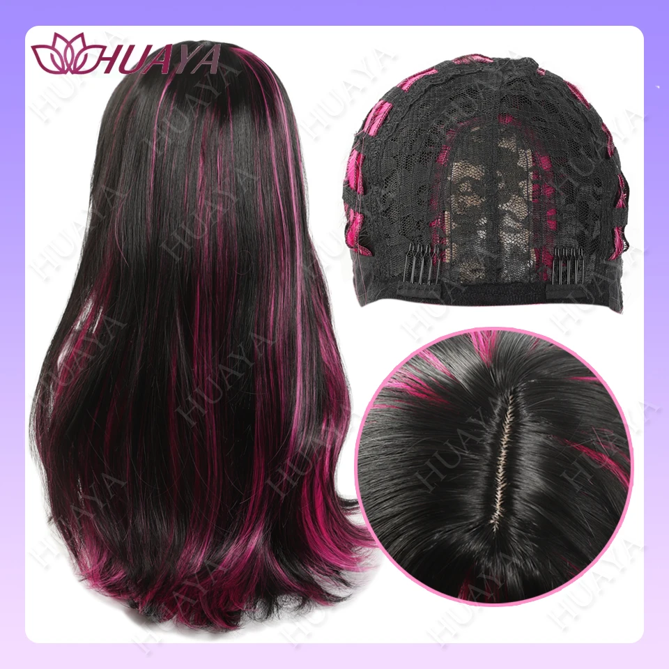 Black Mix Purple Wig Long Synthetic Wig with Bangs Natural Straight Black Highlights Purple for Women Cosplay Party Daily Use