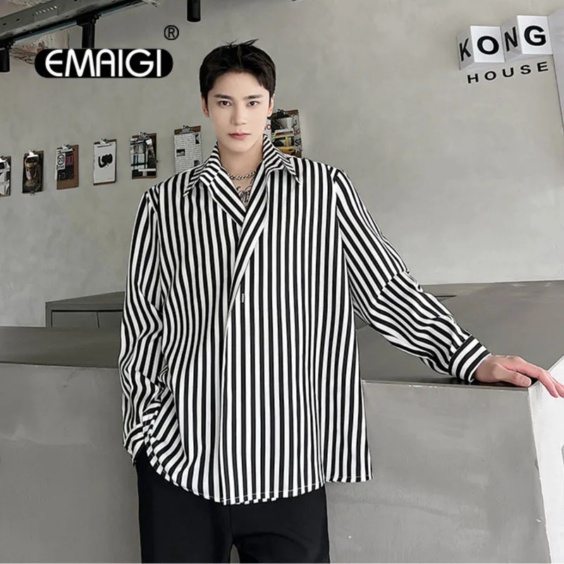 

Men Vintage Fashion Loose Casual Long Sleeve Stripe Shirt Male Korean French Collar Korean Streetwear Office Chic Dress Shirts