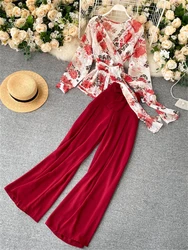 Women Elegant Fashion Floral Print Pants Set Sexy Female V-Neck Bandage Short Tops & High Waist Wide Leg Pants Suit