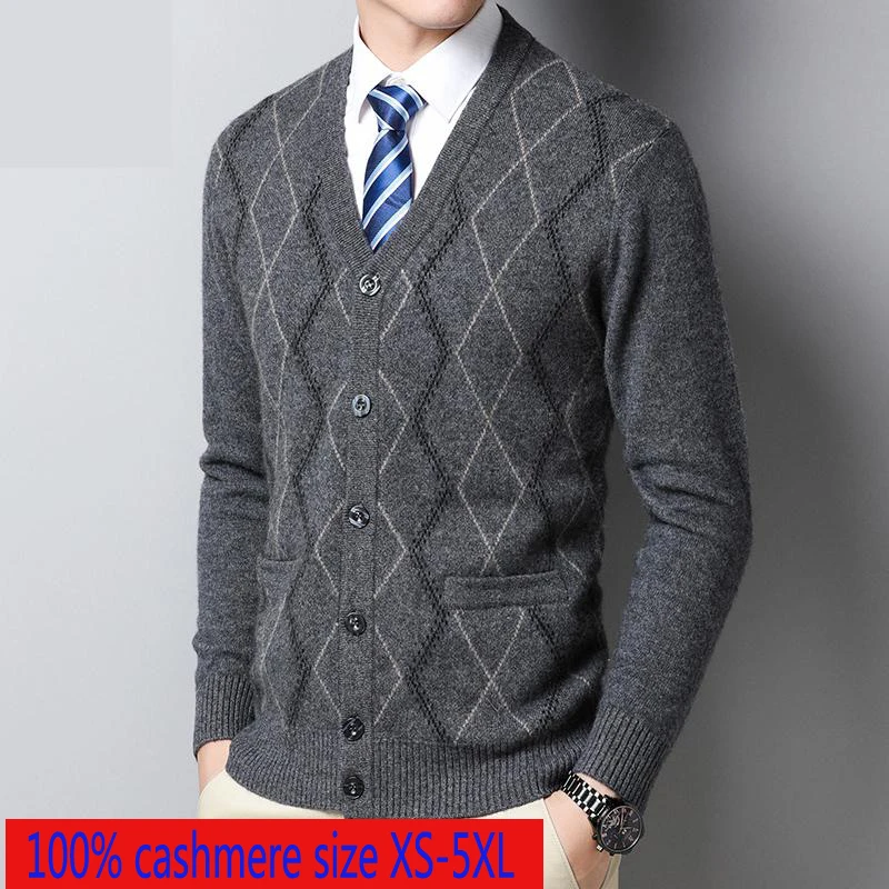 

New High Quality 100% Pure Cashmere Men Thickened Warm Computer Knitted V-neck Casual Sweater Plus Size XSSMLXL 2XL 3XL 4XL 5XL