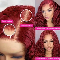Cheveux bouclés ondulés profonds de 36 pouces # Perruques en cheveux humains brésiliens 99J, perruque frontale en dentelle transparente 13x4 couleur vin rouge, perruque frontale en dentelle HD 13x6 2