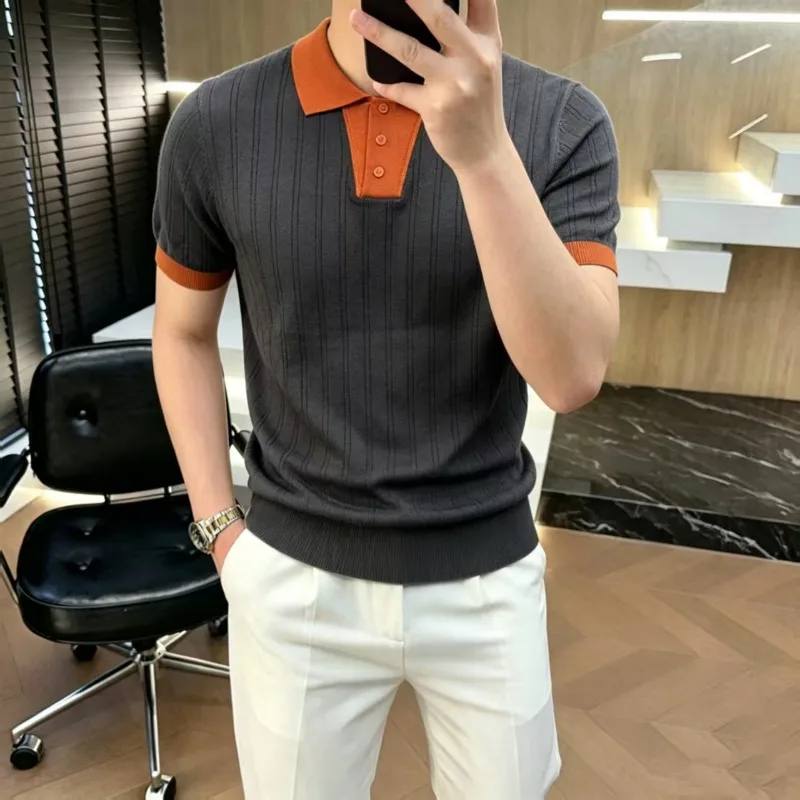 Polo in maglia di lusso estiva 2026 da uomo, a maniche corte, casual, elegante, con inserti, per affari e occasioni sociali, abbigliamento uomo - immagine 5