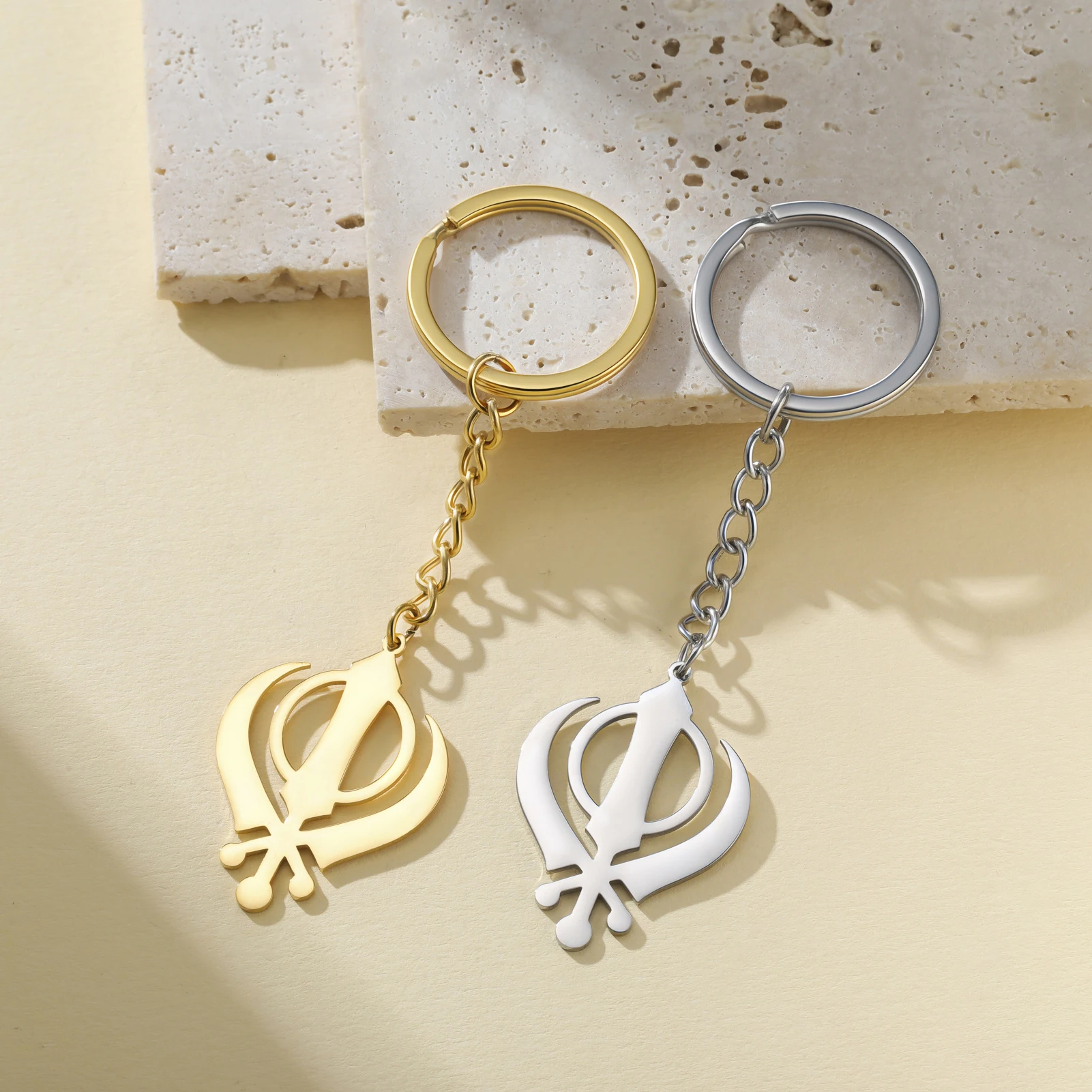 CoolTime 2026 Neuer Khanda Sikh-Symbol Schlüsselanhänger Edelstahl Goldfarben Religiöser Schmuck Amulett Schlüsselring Geschenk für Sikhs