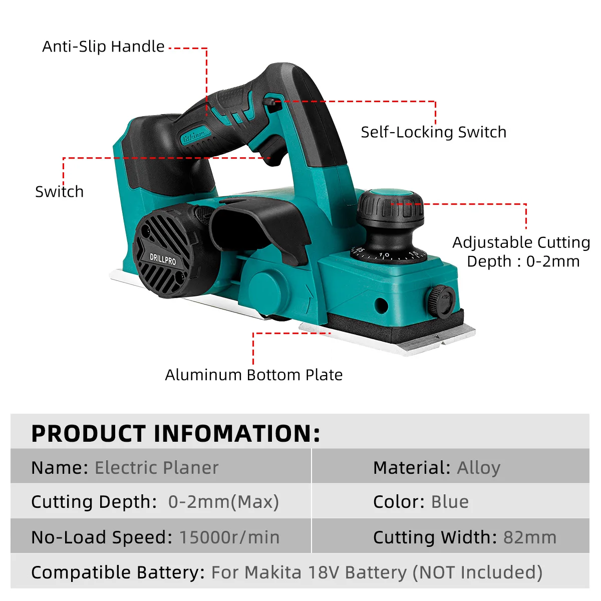 Drillpro 15000RPM 18V Rechargeable Electric Planer Cordless Handheld Wood Cutting Tool with Wrench for Makita 18V Battery - Image 2