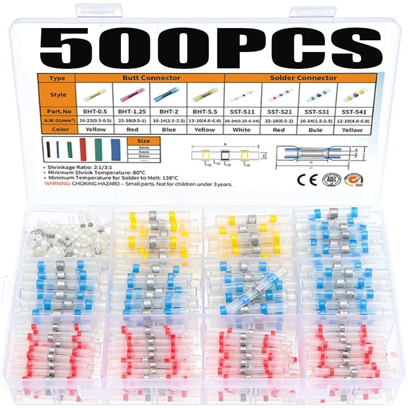 

500pcs Mixed Heat Shrink Connect Terminals Waterproof Solder Sleeve Tube Electrical Wire Insulated Splice Connectors Kit