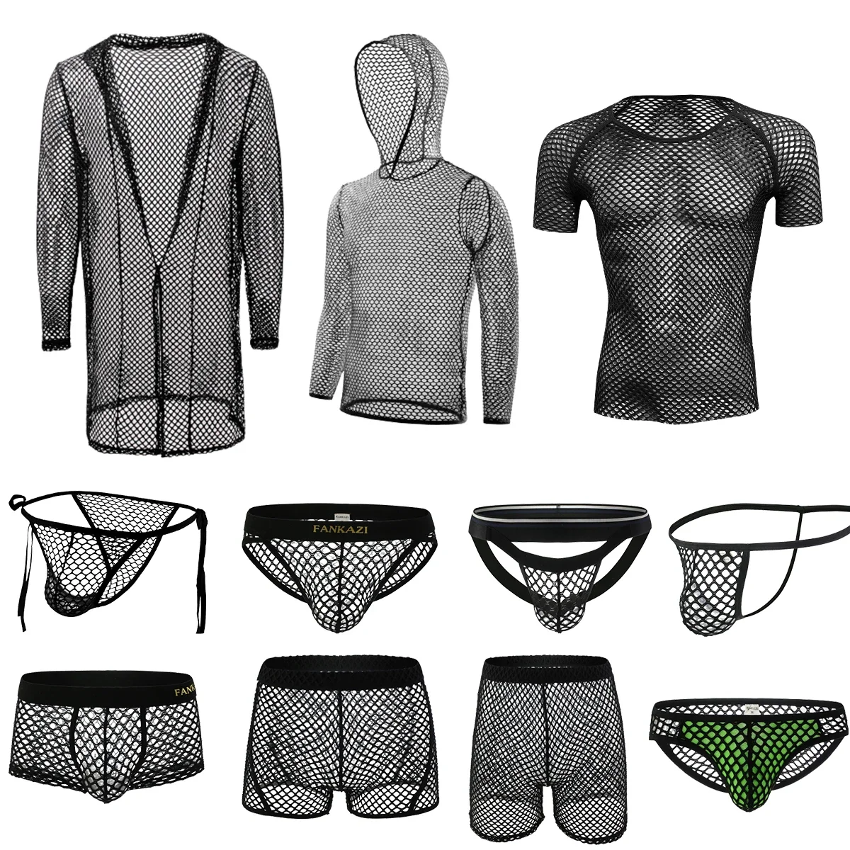 YUFEIDA Men's Sexy Hollow Out Bathrobes Fishnet Underwear Mens Kimono Robes Sleepwear Briefs Thongs Shorts Dressing Gown Pajamas