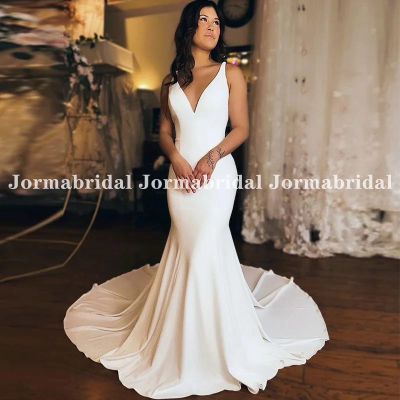 

2024 Stretch Crepe Mermaid Wedding Dress Plunging V-neckline with Open Back Custom Made Bridal Gown Vestido de novia Long Train