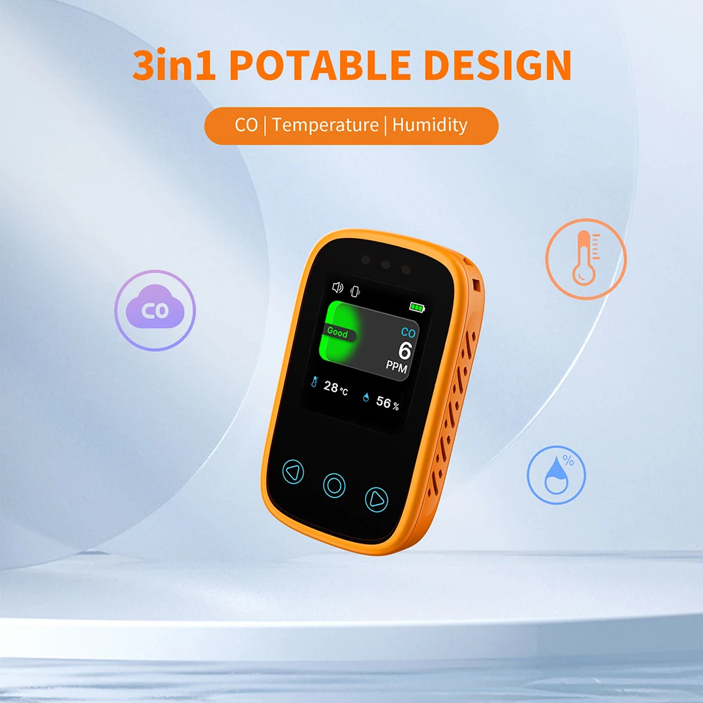 3 in 1 Carbon Monoxide Temperature Humidity Detector NDIR Sensor Portable Auto Brightness Type-C Rechargeable for Outdoor Garage