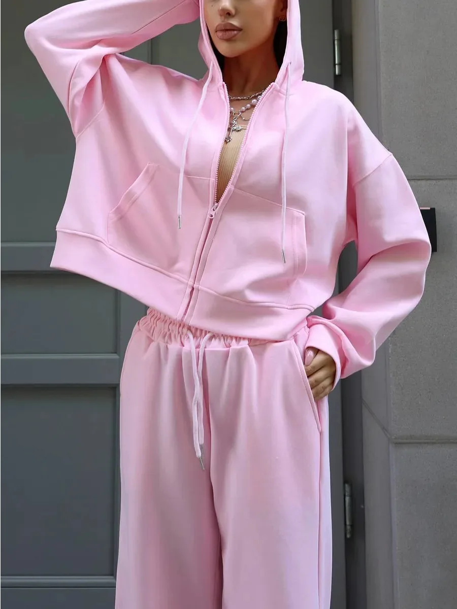 Women's Fashion Cotton Sport Tracksuit with Casual Pant Solid Color Zipper Hoodies Cardigan and High Waist Trouser Autumn Outfit