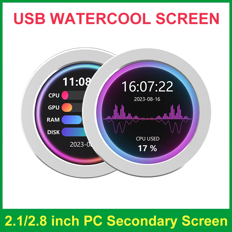 PC CPU GPU RAM 모니터링 분석 LCD, 2.1 인치 USB 수냉 보조 화면, 2.8 인치 480x480 IPS 디스플레이, 자유롭게 AIDA64