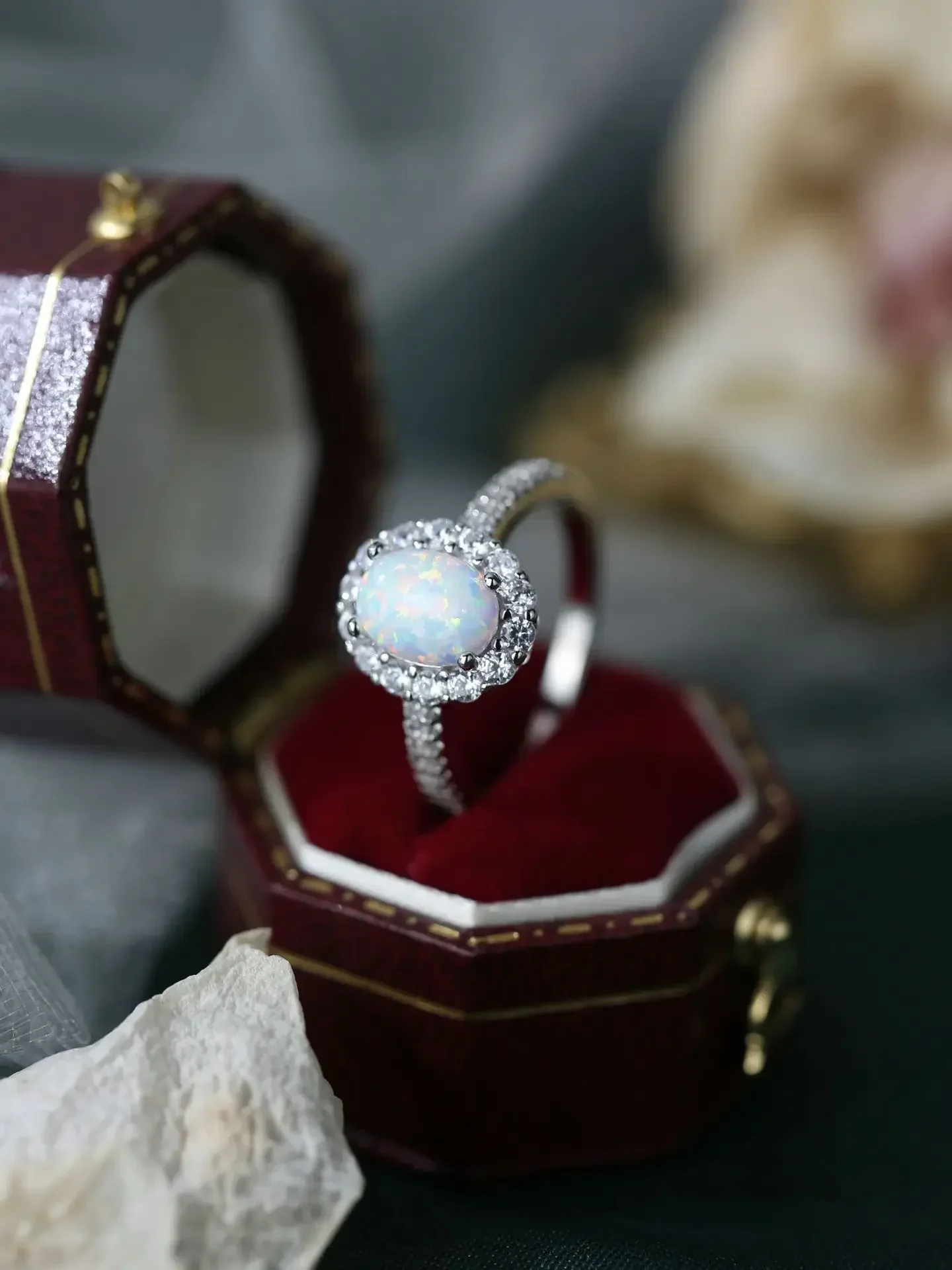 Ladies Sterling 925 Silver Ring Inlaid with Zircon and Blue Opal with Noble Exquisite Style Ladies Sterling 925 Silver Ring Inlaid with Zircon and Blue Opal with Noble Exquisite Style