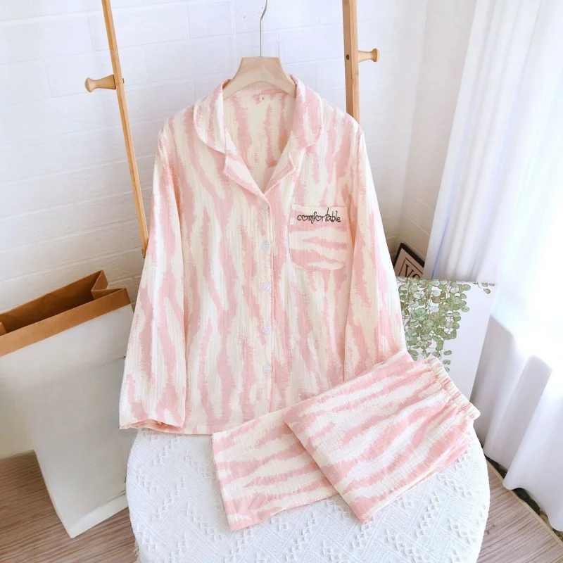 

QSROCIO Spring Women's Zebra-stripe Pajamas Set Turn Down Collar Causal Style Sleepwear Pure Cotton Homewear Nightie Home Suit
