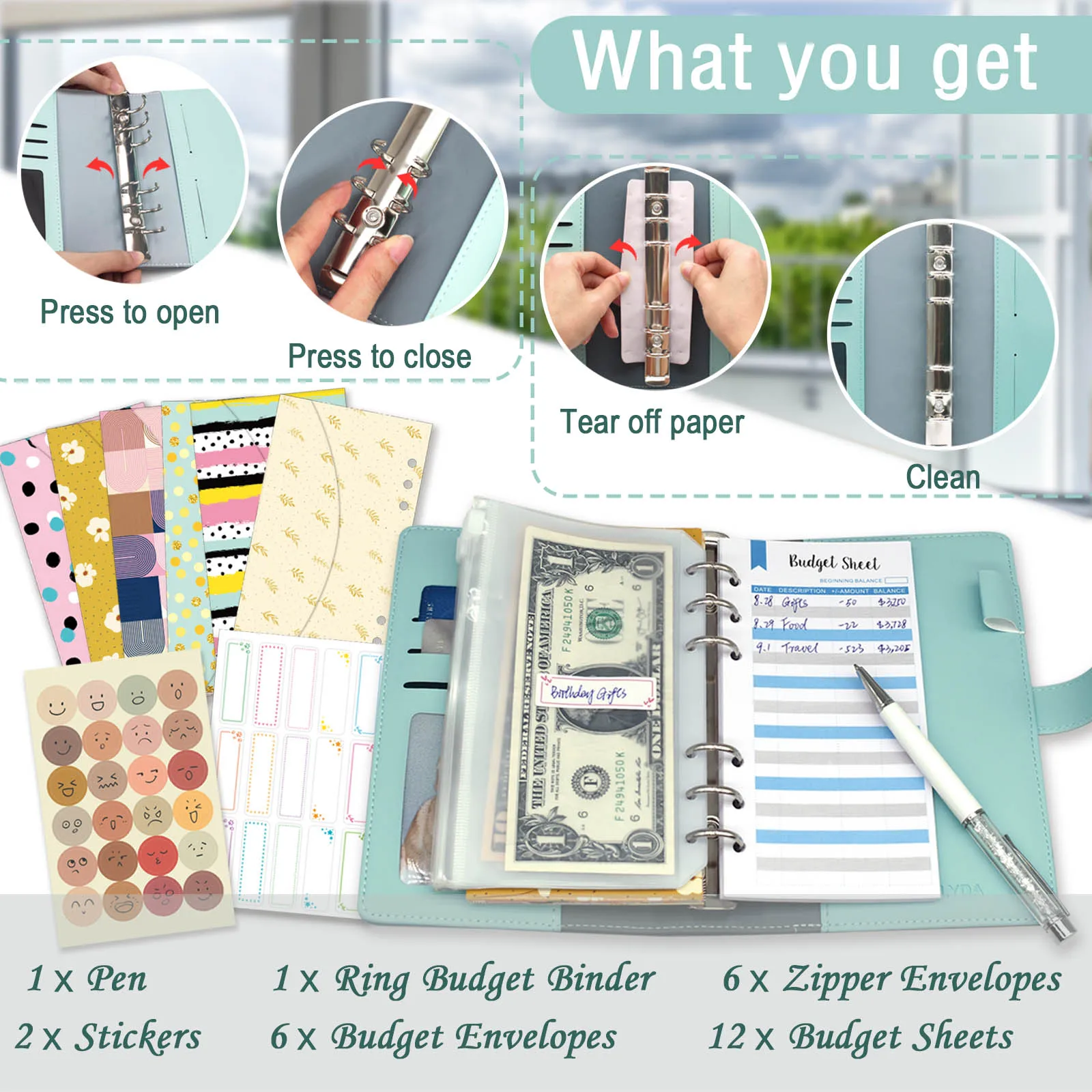 Budget Binder with Zipper Envelopes Cash Envelopes with Budget Sheets PVC Pockets Stickers & Pen