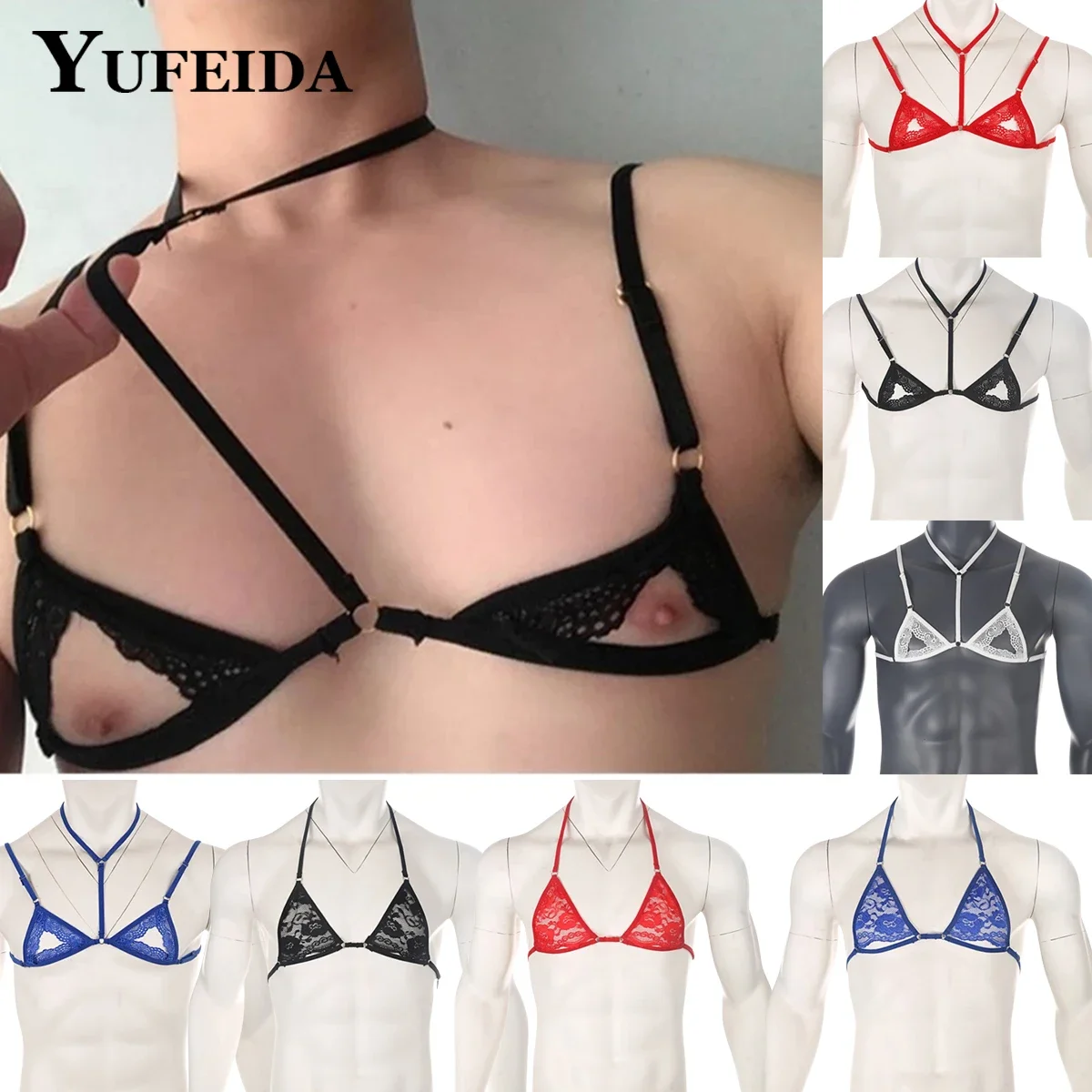 

YUFEIDA Sexy Mens Sheer Lace Lingerie Bras Exotic Open Bras Gay Sissy Nightwear Halter Neck Adjustable Straps Wire-free Mini Bra