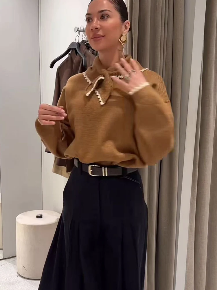 Woman Winter Sweater Round Neck Loose Fit Scarf Decoration Casual Knit Pullover Top Fashion Long Sleeve Knit Sweater Lady New