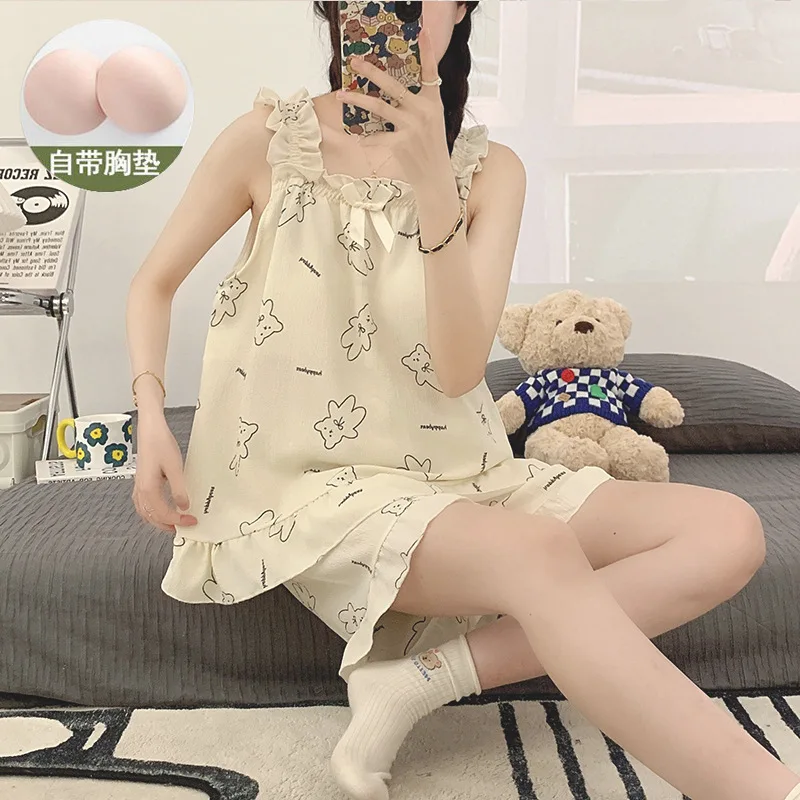 Women's Pajamas Sets Bow Strap Pyjama Summer Pijama Mujer Pjs Sleepwear Sexy Sleeveless Shorts 2 Piece Casual Homewear Nightwear