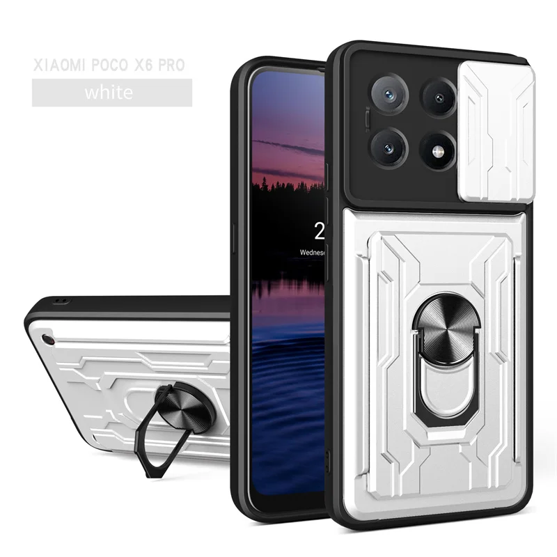 Slide Lens Protect Armor Phone Case with Card Slot & Bracket - Durable Back Cover