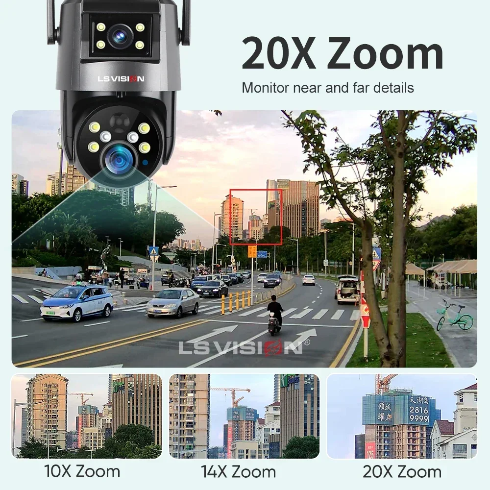 8MP Real 20X Optical Zoom Dual Screen Solar Secutity Camera 4K 4G/WiFi PIR Detection Auto Tracking PTZ Camera Ubox App LS VISION