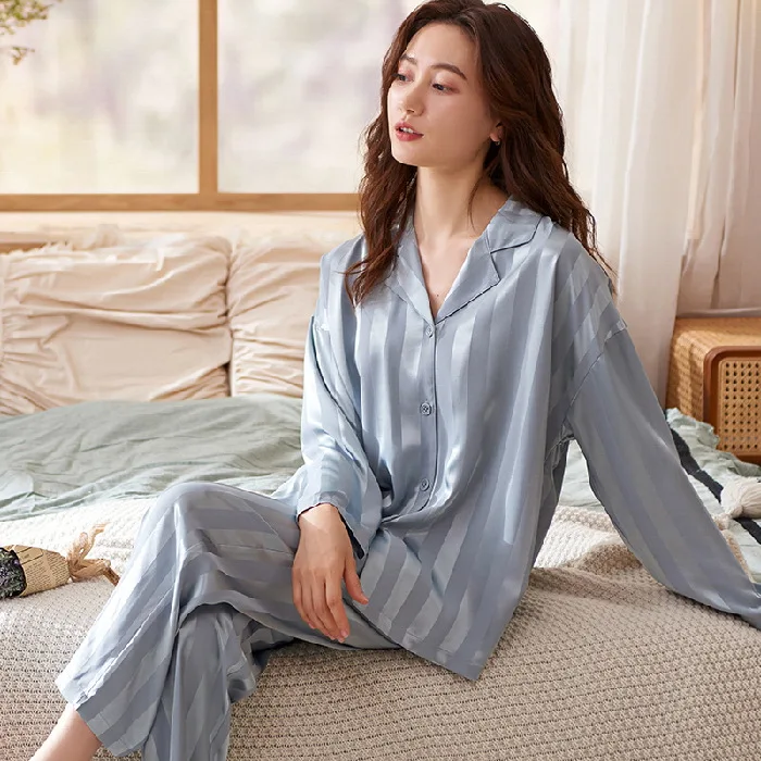 Women Pajamas Sets Faux Silk Satin Pyjamas Female Pijamas Lapel pjs Long Sleeve Shirt Pants Suit Sleepwear Homewear Loungewear