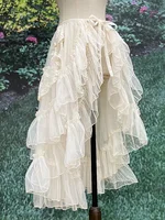 Gothic Lolita Lace Mesh Ruffles Fairy Princess Party Skirt Women Asymmetrical Cute Curtain Sheer Cover Up Thin Long Skirt White 1