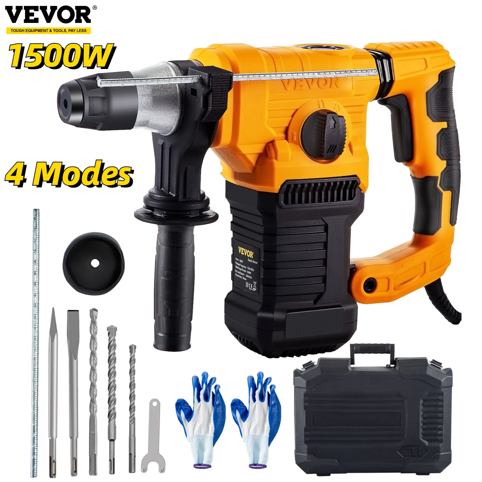 VEVOR 1500W Rotary Hammer Drill Max Drilling 32mm SDS Plus Demolition