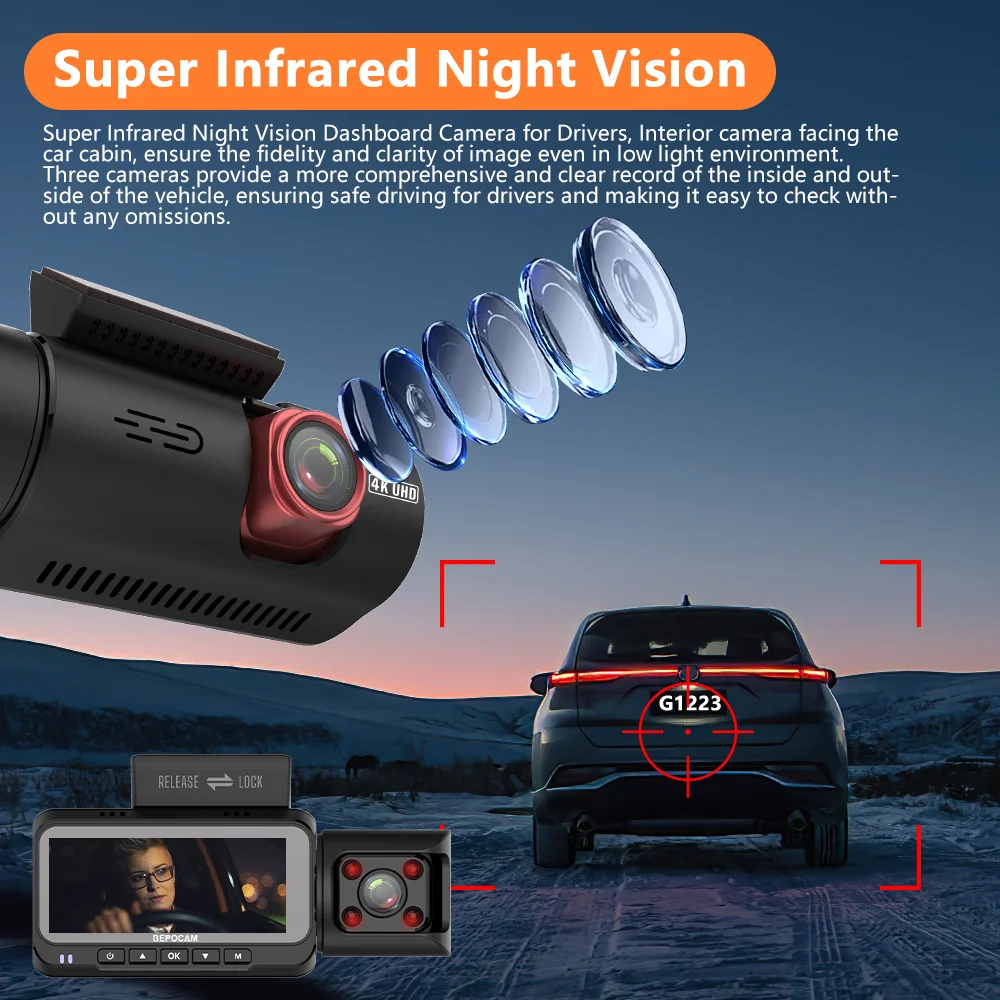 BEPOCAM ZD80 4K+1080P+1080P Dash Cam 3 Cameras Built-In GPS Tracker 5G WiFi Infrared Night Vision Car DVR Vehicle Dash Camera