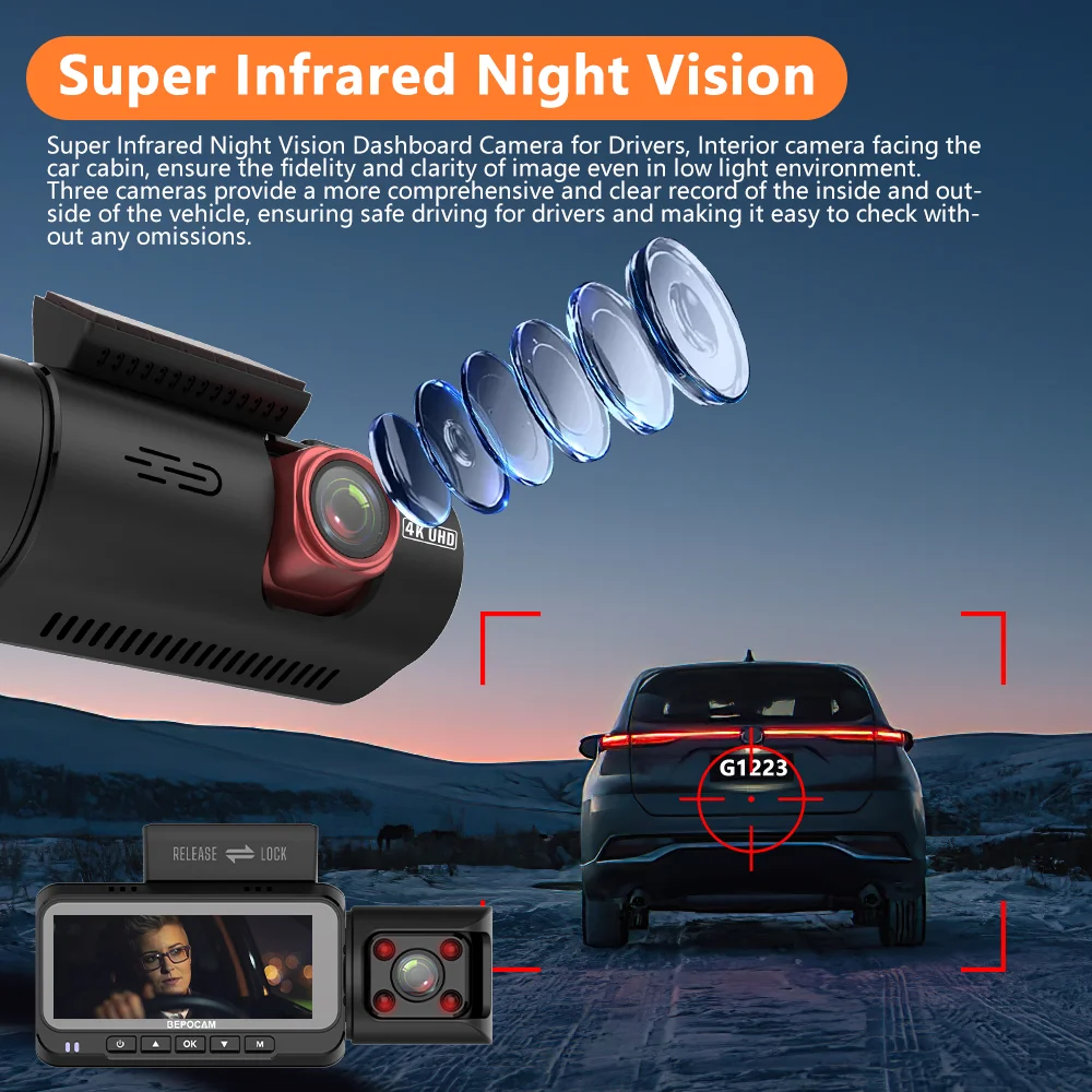 Dash Cam BEPOCAM ZD80 4K+1080P+1080P Dash Cam 3 Cameras Built-In GPS Tracker 5G WiFi Infrared Night Vision Car DVR Vehicle Dash Camera