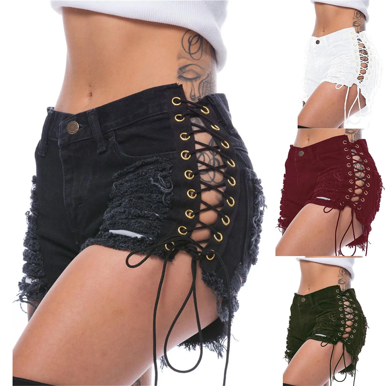 

Women's Sexy Hot Pants Ripped Sexy Street Cut Low Top Denim Shorts Side Side Tether Mini Pants Denim Shorts Pantalones Cortos