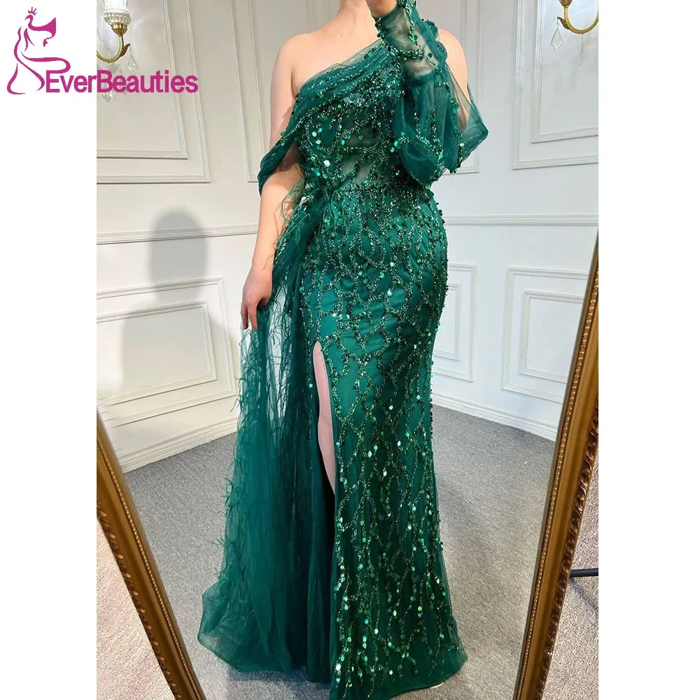 

Tulle Beaded Dubai Prom Dresses Long Mermaid Saudi Arabia Evening Dress One Shoulder Formal Dress Emerald Long Sleeves Prom Gown