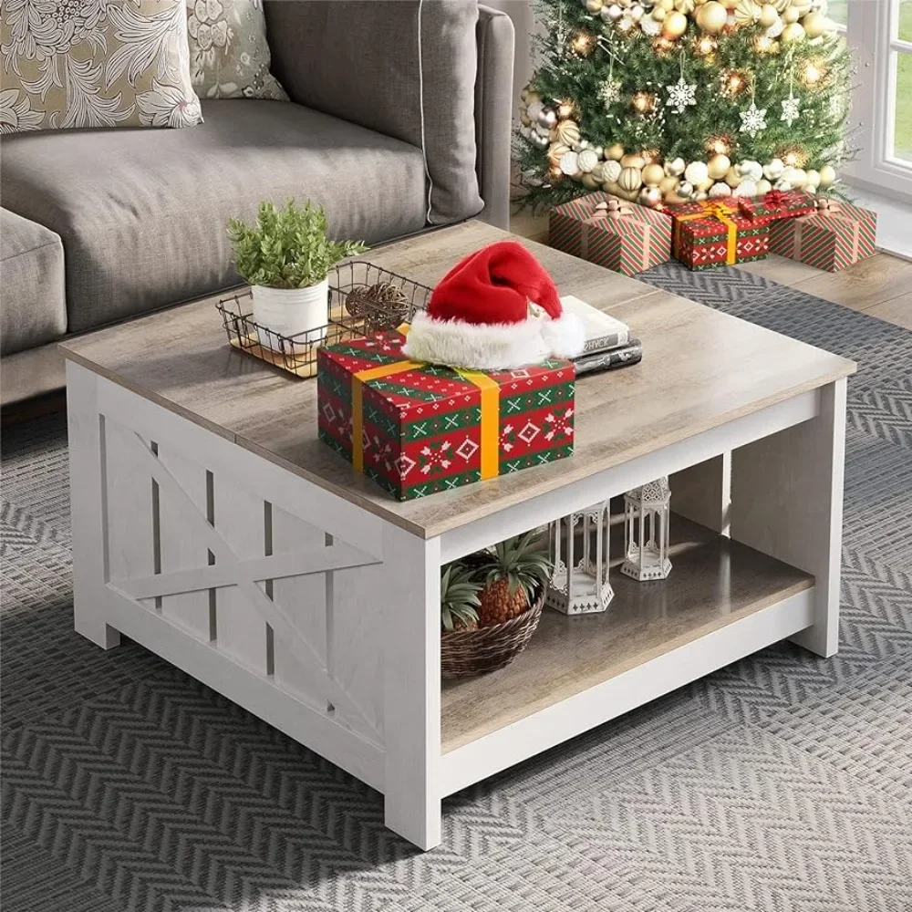 

Coffee table with lockers, square wooden modern rustic, farmhouse grey wash coffee table with semi-open storage bins