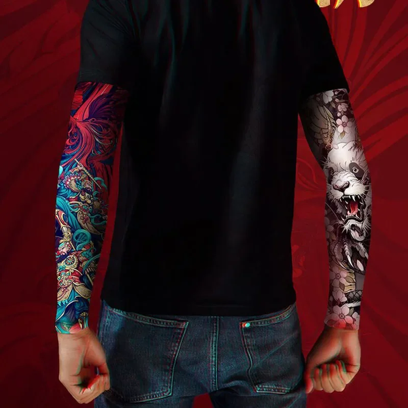 1Pair 2Pcs Men Tattoo Sleeves Anti-UV/Dust Hand Arm Sleeves Motorcycle Riding Bicycle Tattoo Sleeve Cool Dragon Skull Pattern