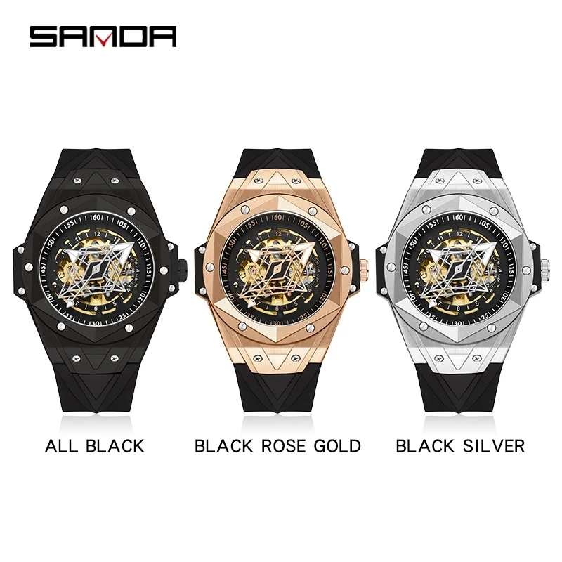 SANDA Fashion Rose Gold Case Cool Dial Automatic Mechanical Watch Real Men's Watch Luminous 50M Waterproof Fashion Watch 7014