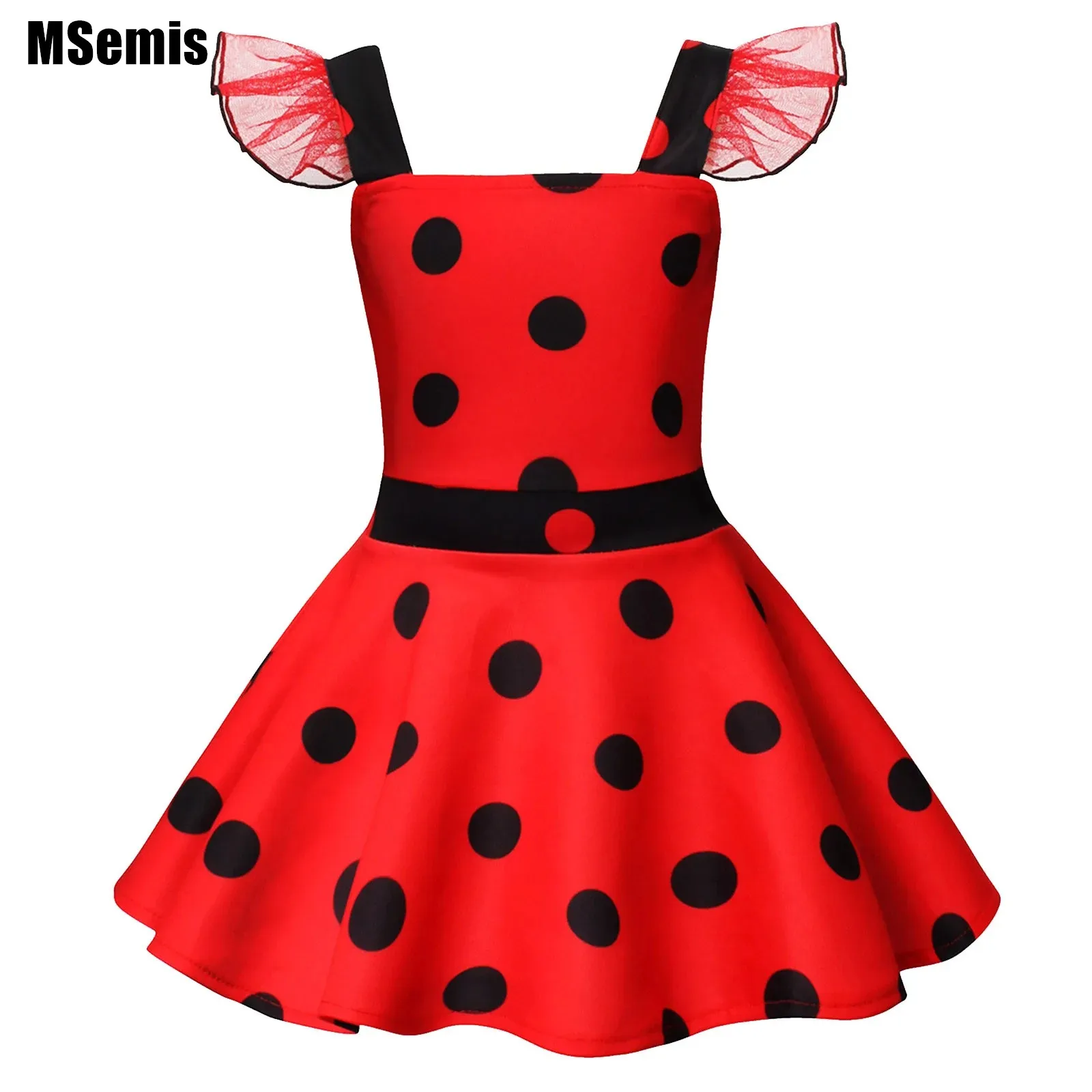 

Kids Girls Halloween Cartoon Cosplay Dress Straps Sleeveless Polka Dots Print High Waist A-line Short Dress Costume