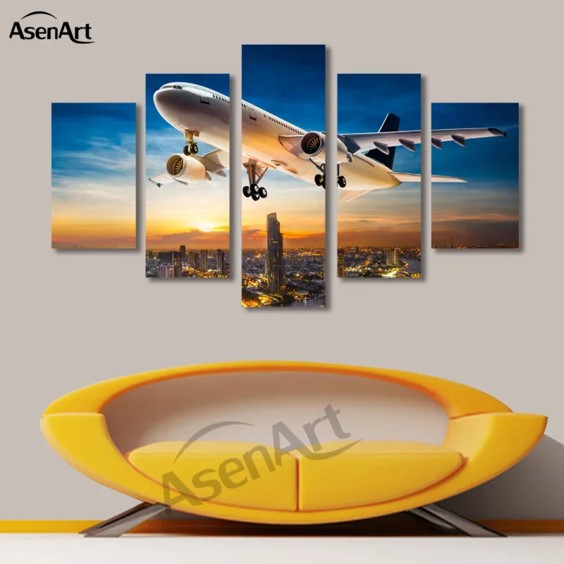 

5 Panels Airplane City Painting Sunset Painting Canvas Print Picture for Living Room Wall Art Home Decoration 2016 No Frame