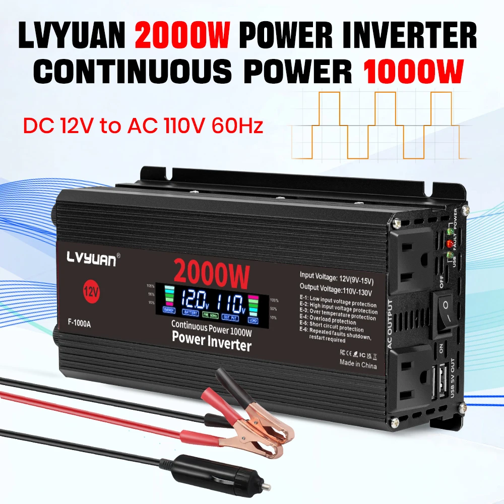 Inversor Solar de 1500-2600W con Pantalla LCD y Doble USB, Convertidor de Corriente para Auto, de CC 12V a CA 110V, Banco de Energía Portátil con LCD