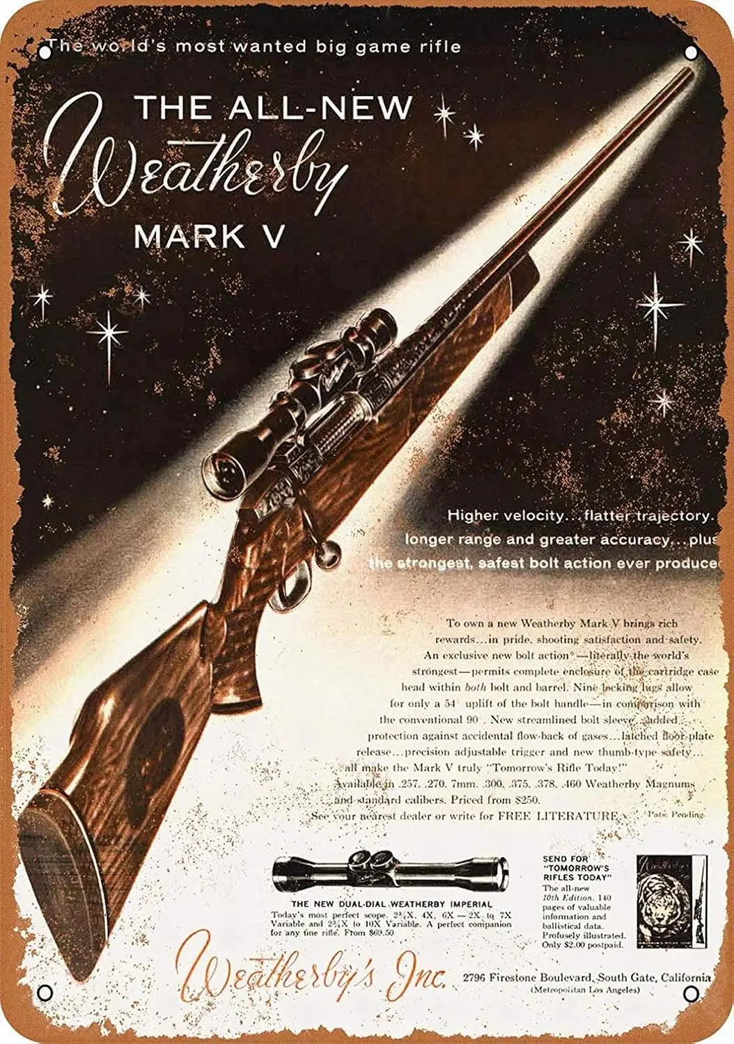 Vintage Decorative Tin Sign - Classic Weatherby Mark V Rifles Design