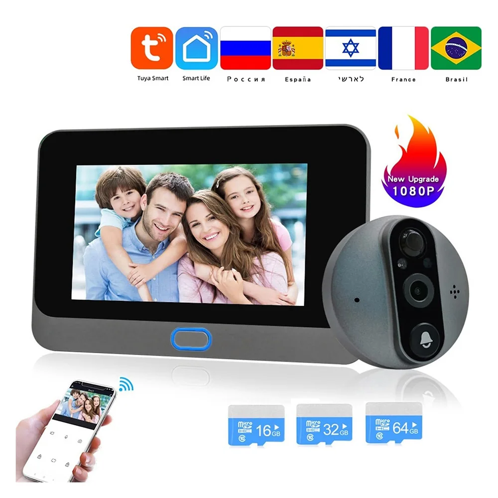 

Smart Tuya 1080P WiFi Door Bell Eye Peephole Camera 5000mAh Audio 4.3' PIR FHD Infrared Alexa Google Announcement Digital Viewer
