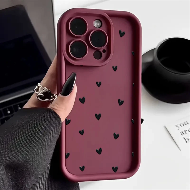 thumbnail image 1 of Funda de teléfono para iPhone 16 15 13 14 Pro Max 11 12 13 Mini 7 8 Plus XR X XS Max SE2022 Funda mate suave a prueba de golpes con estampado de corazón, 1 of 5