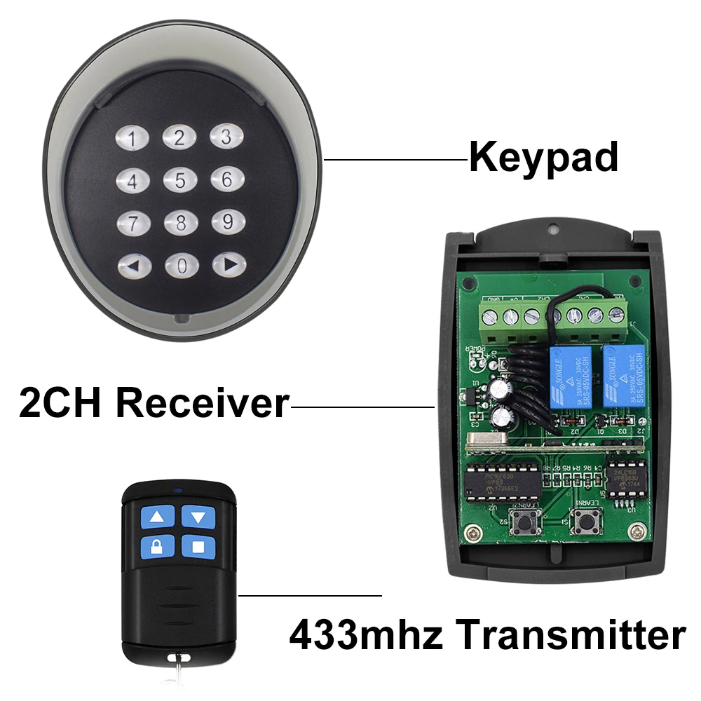 Gate Opener Wireless Keypad Rolling Code Keypad 2 Channel Garage Door Receiver 4CH Ev1527 Learning Code 433mhz