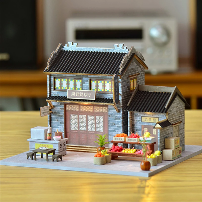 DIY Wooden Doll Houses Fruit Store Casa Mniature Building Kits with Furniture Led Trading Dollhouse for Adults Gifts 2
