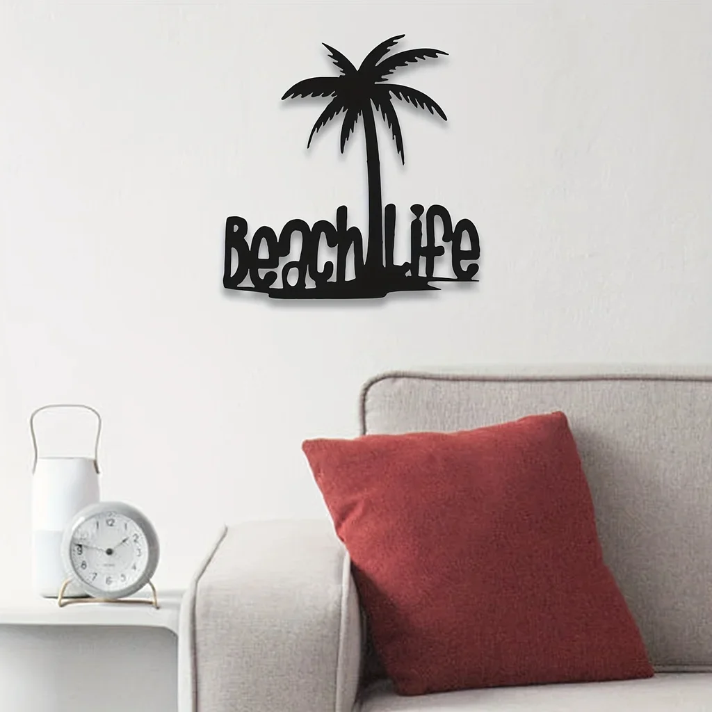 1Pc Beach Life Palm Tree Metal Wall Hanging Art Home Decor, Beach Theme Outdoor Wall Decor Hanging Metal Tree Cutout Decorativo