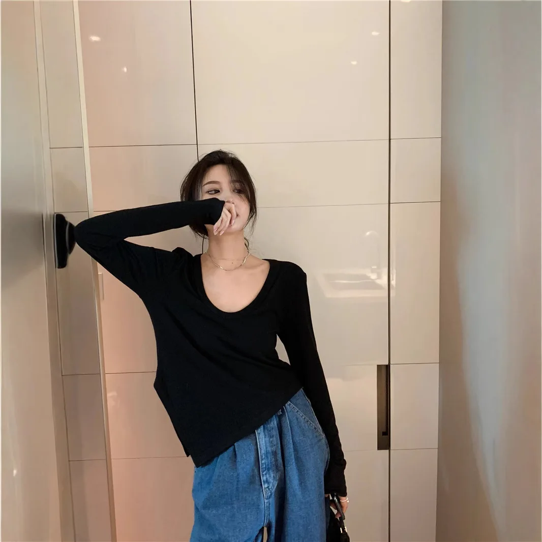 Women Deep V Neck Long Sleeve Slim Tshirt