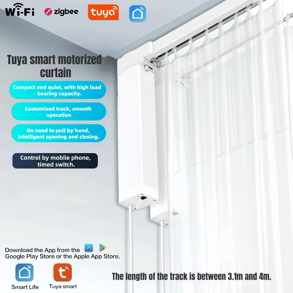 รางมอเตอร์ม่านอัจฉริยะ Tuya พร้อมความยาวรางที่ปรับแต่งได้ (3.1 ม. ถึง 4 ม.) ระบบปรับม่านอัจฉริยะที่รองรับ WiFi 1