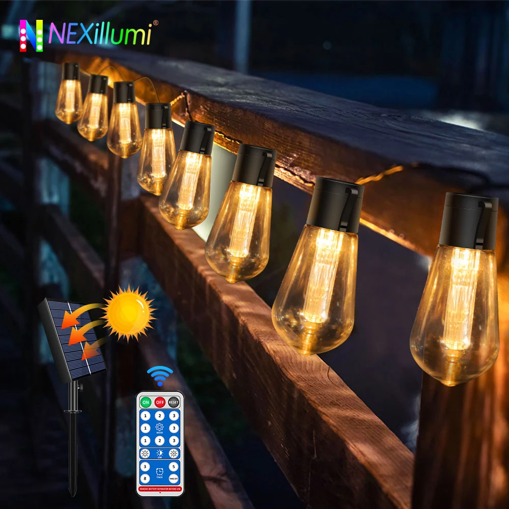 Solar String Lights Outdoor Waterproof, 28FT 20 Shatterproof Bulbs Patio Lights with Remote 8 Modes High-Brightness solar light bulb