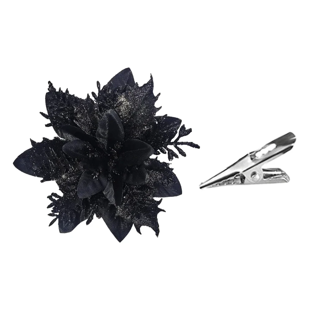 Glitter Artificial Christmas Flowers 12PCS 14cm with Clips Xmas Tree Ornaments for Home New Year Gifts Navidad
