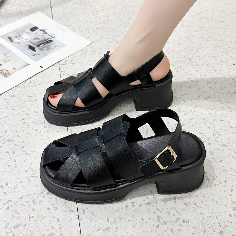 

New Roman Women's Sandals 2023 New Summer Breathable Toe Head Heightened Thick Bottom Hollow Buckle Heels Wedges Cute Heels