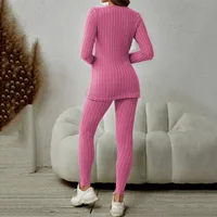 Plus Size Casual Outfits Sets Women's Plus Solid Ribbed Long Sleeve Round Neck Split Hem Top & Pants Outfits 2 Piece Set - Image 5