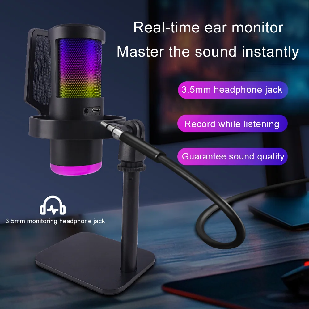 Haomuren RGB USB مكثف ميكروفون استوديو تسجيل هيئة...