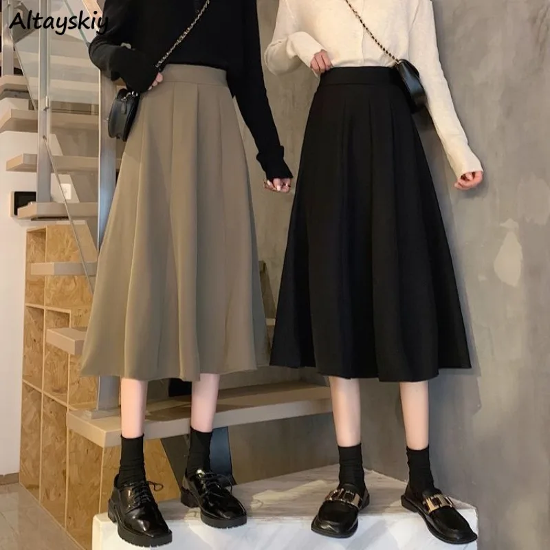 

High Waist Skirts for Women Autumn Tender Folds Japanese Style College New Trend Chic Simple Graceful Versatile Female A-line